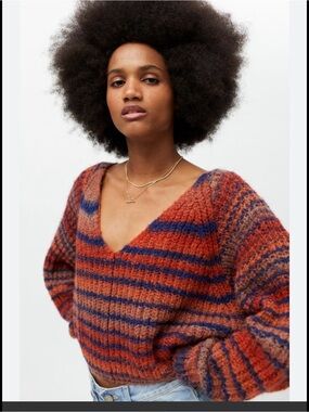 Urban outfitter v-Neck Striped Mohair-Blend Sweater in Rust and Navy large